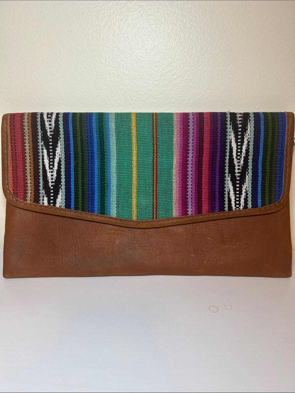 Nena & Co. Brown Leather Clutch with Multicolor Woven Flap